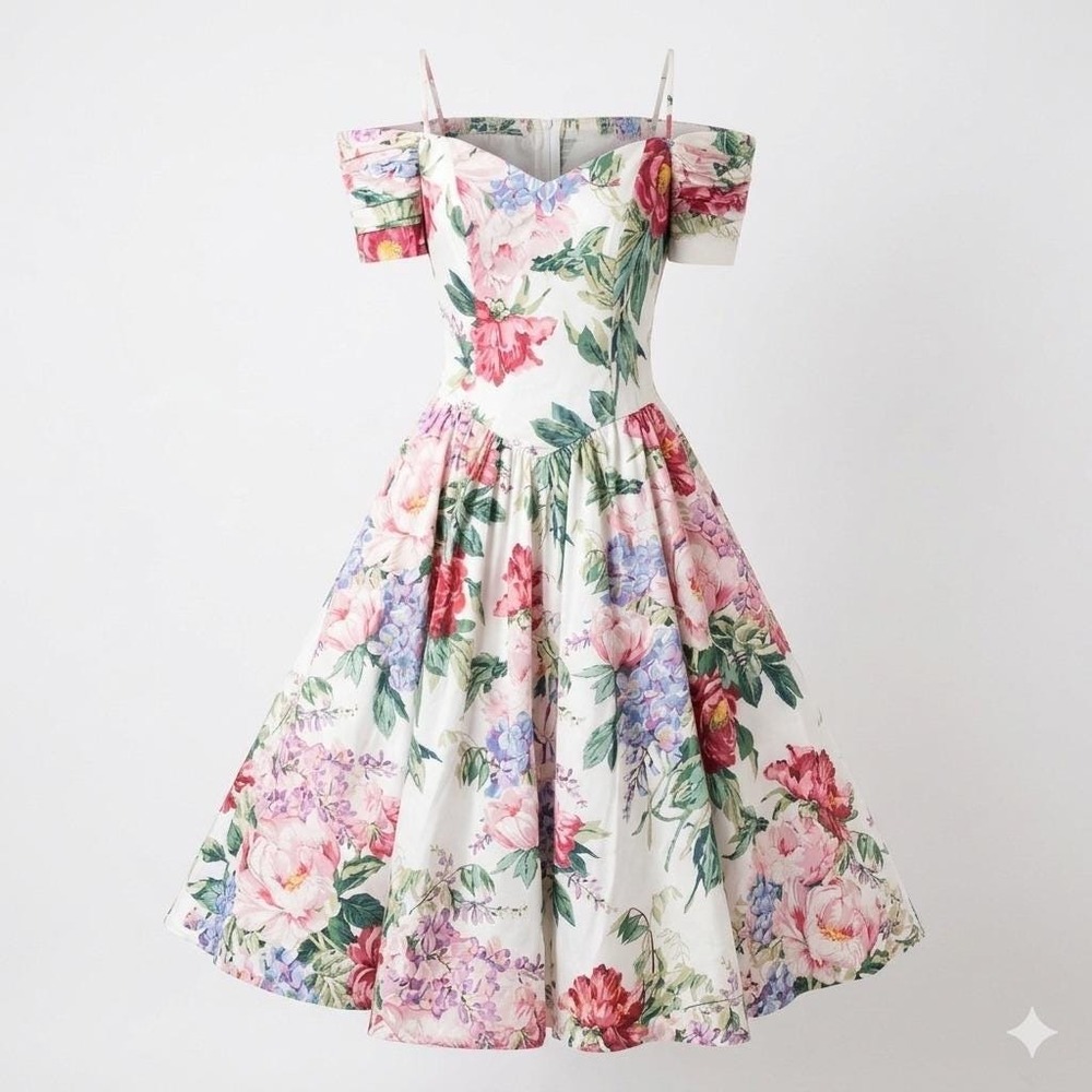 Vtg Moda Int'l Off Shoulder Basque Waist Floral Midi Party Dress 10 Romantic